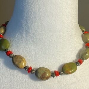 Handmade Green Turquoise and Coral Necklace 17”